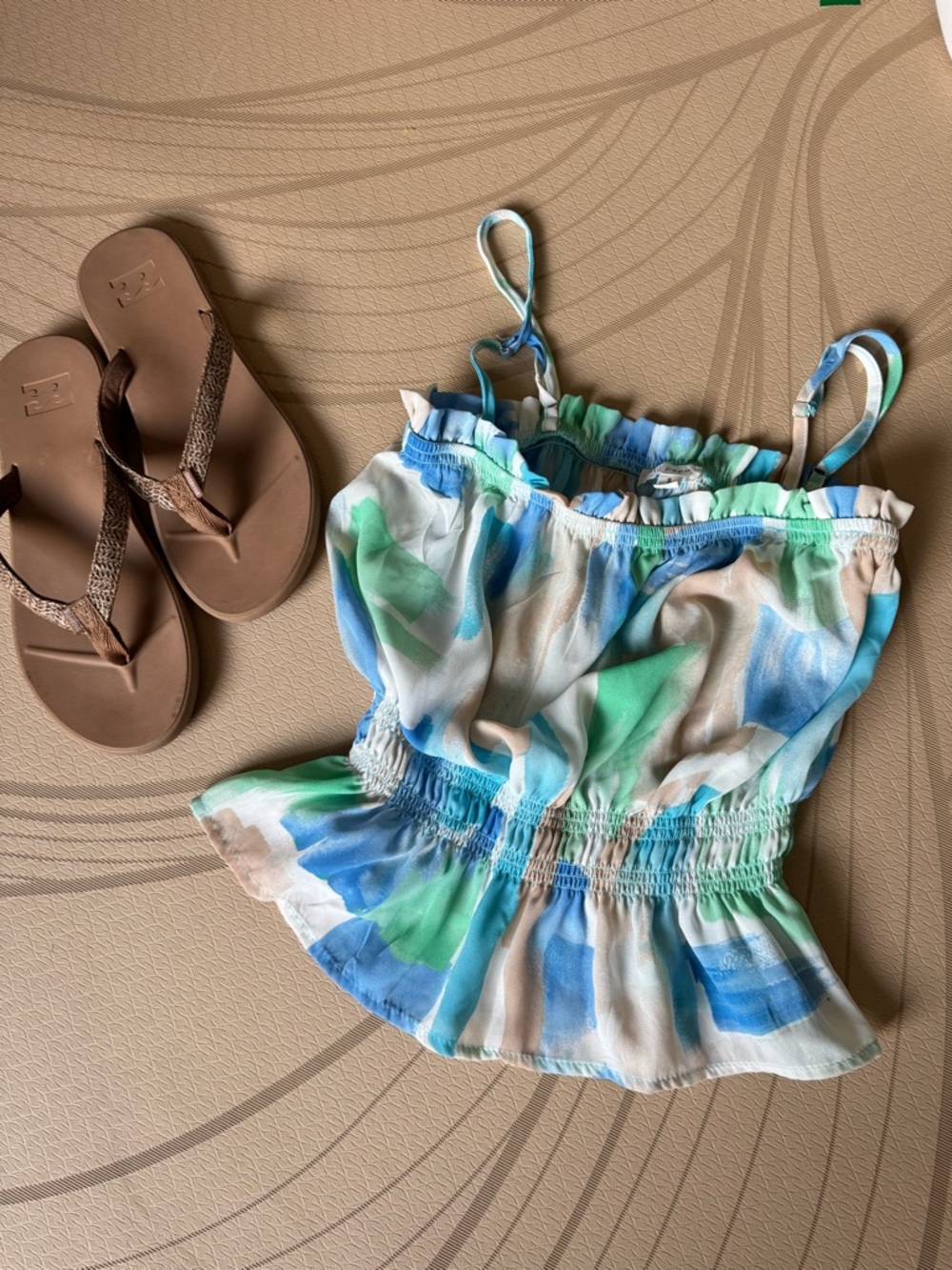 Watercolor Print Smocked Waist Tank Top - Blue Green White